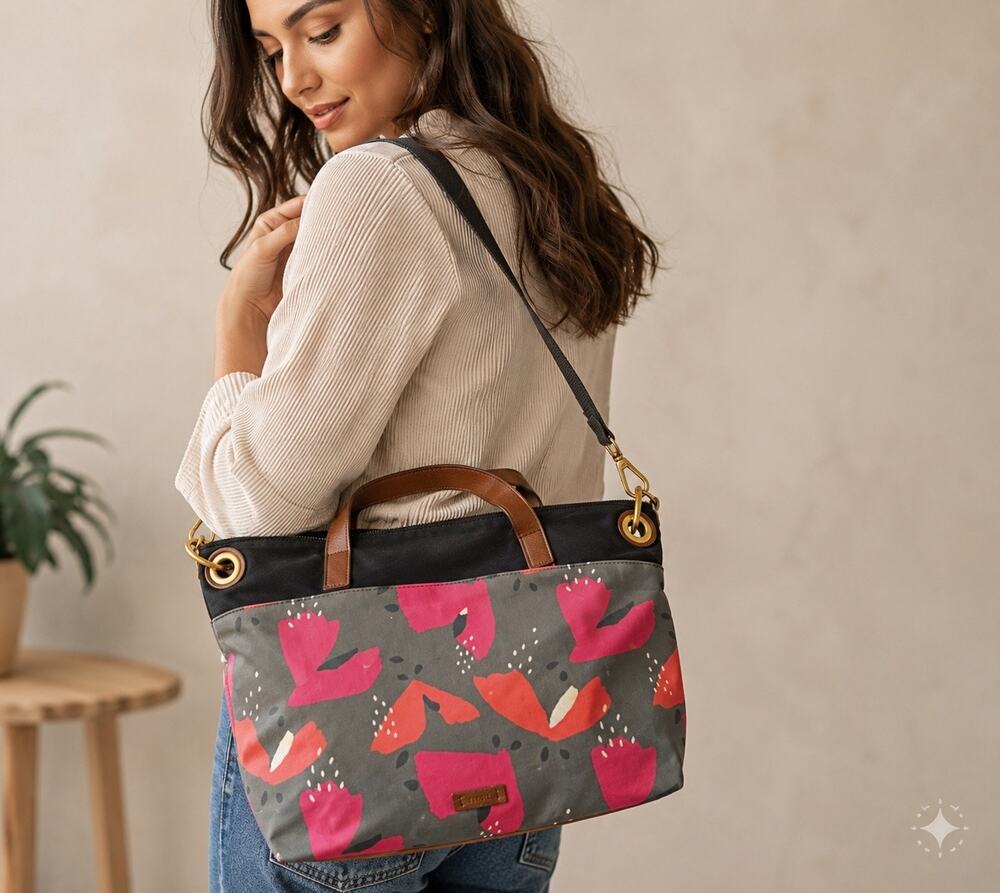Fossil Floral Canvas Tote Crossbody Bag Pink Gray Leather Trim Adjustable Strap